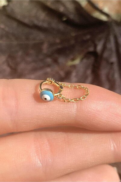 Spossy Silver Jewelry Küçük Boy Mineli Nazar Göz Zincirli Halka Piercing Küpe