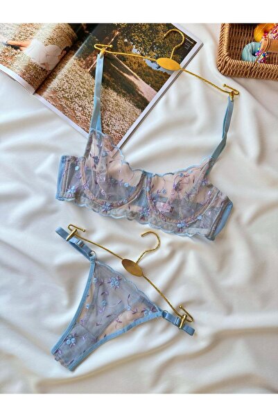 kiari Set de lenjerie intimă cu model de flori albastre, fără cupă, cu sârmă, brodat