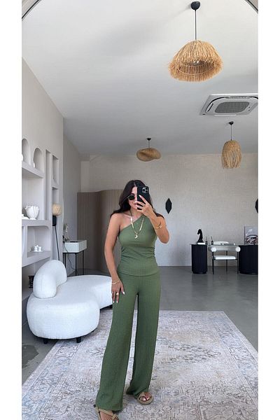 Buket Teke Khaki One Shoulder Seersucker Suit