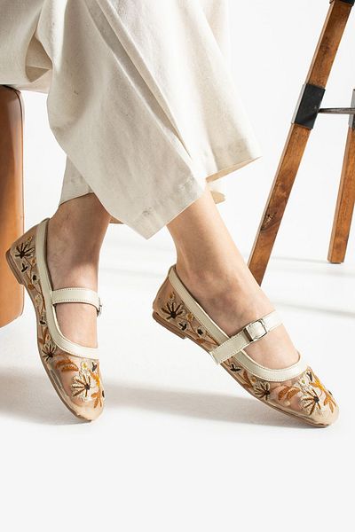 BOUIS Women's Beige Daily Tulle Fabric Flower Embroidered Ballerina Light Stylish Comfortable Luxury Banded Holiday Mesh Shoes