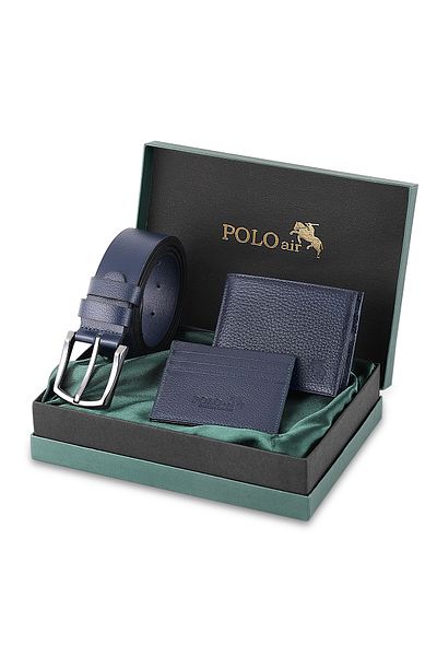 Polo Air Men's 100% Genuine Leather Wallet Card Holder Belt Combination Set Navy Blue Color M-8003-L