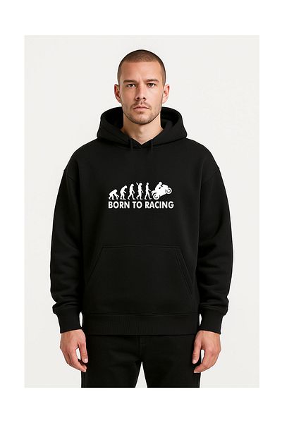 Advantage Kod Advantage Born to Racıng Oversize Black 3 Thread Hooded Sweatshirt Hoodie