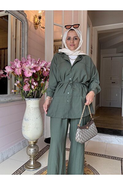 Aselim Hijap Moda Miami Strawberry Linen Shirt Suit – Pocket Trousers – Green