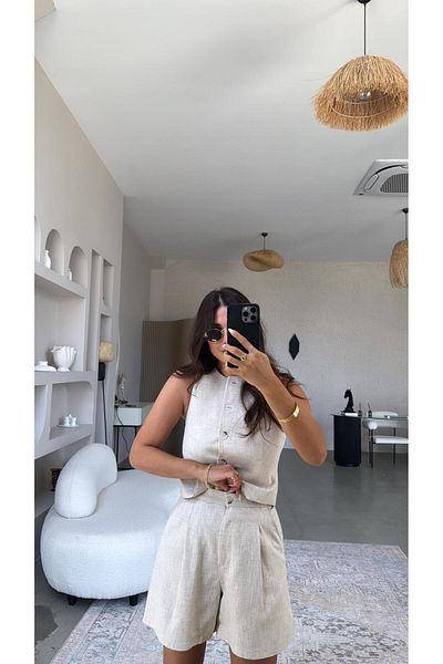 Buket Teke Beige Raw Linen Premium Vest Shorts Set