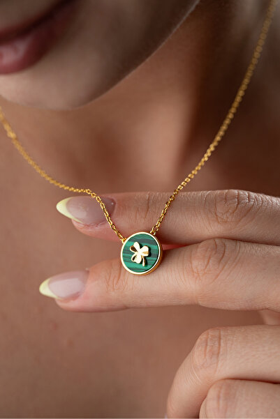 Silvano Jewelry 925 Ayar Gümüş Malakit Taşlı Yonca Şans Kolye