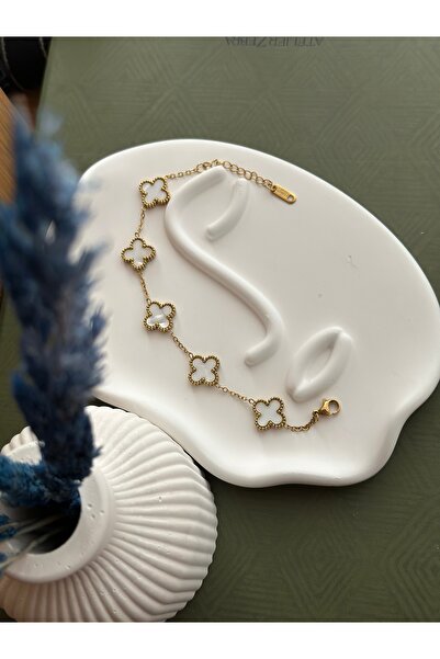 Du'de Atelier Çelik Beyaz Sedefli Gold Çift Taraflı Yonca Bileklik Stainless Steel