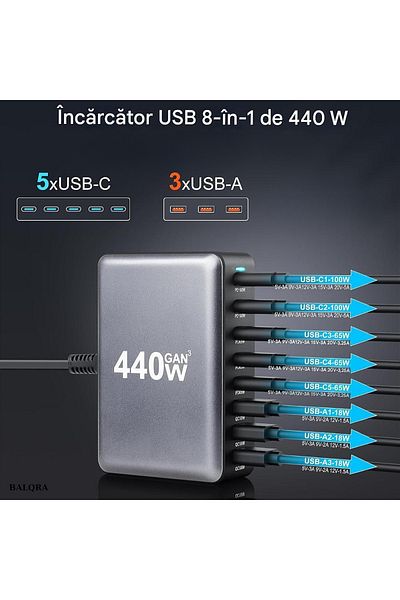 BALQRA 440W GaN BALQRA® USB Charging Station, 5 USB-C & 3 USB-A, Fast charge 8 devices simultaneously