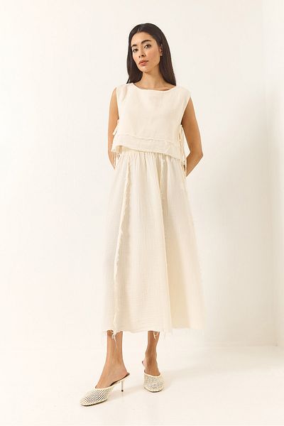 Bianco Lucci Women's Elastic Waist Skirt with Side Tie Detail Crop Muslin Bottom-Top Set 60283236