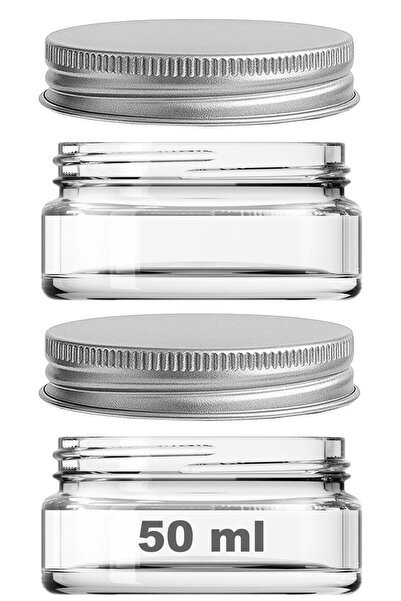 Afracam 50 ml Metal Gümüş Kapaklı Kozmetik Kavanozu 50 Cc Şeffaf Cam Krem Kavanoz 2 Adet