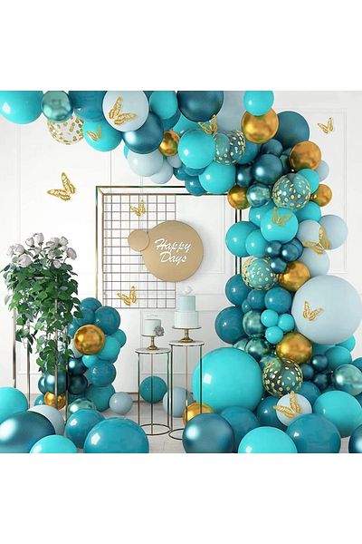 Baloane Vesele Arcada Baloane Petrecere Blue Gold Party Cu Fluturasi 132 Piese ARC169