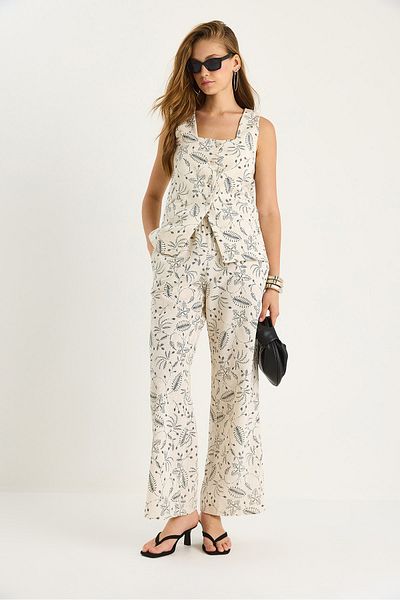 Bianco Lucci Women's Patterned Linen Vest Trousers Set 9382 60281096