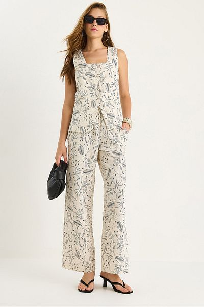Bianco Lucci Women's Patterned Linen Vest Trousers Set 9382 60281096
