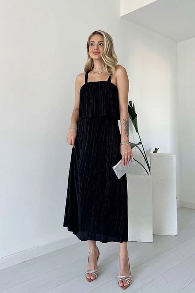 Aventien Pleated Black Midi Dress with Straps