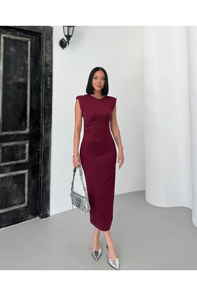 badibadii Women's Burgundy Modal Fabric Stone Detail Slit Dress
