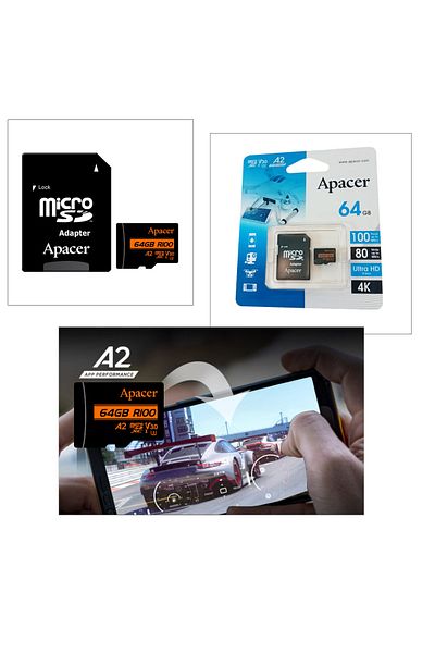 Apacer MicroSDXC card 64 GB, UHS-I U3, V30, A2, Apacer R100, with SD adapter