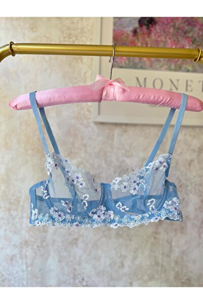 kiari Σετ εσωρούχων με μπλε λουλουδάτο σχέδιο χωρίς καπάκι με επένδυση από μεταξωτό βαμβάκι