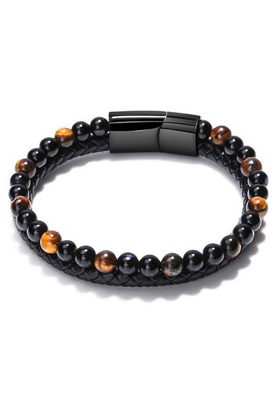 VOLY Men's leather and natural stone bracelet, brown and black stones