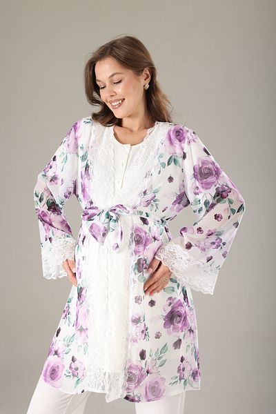 LOHOUSE Women's Purple Patterned Lace Maternity Maternity 3-Piece Pajama Set