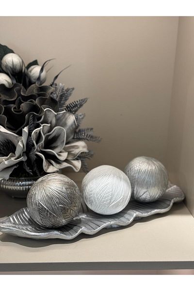 TASARIMHMODA Small Size Flat Vase Set with Leaf Tray, 3 Balls, Decoration and Flowers Set No:3