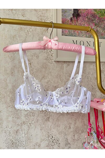 kiari Σετ εσωρούχων με λευκό λουλουδάτο σχέδιο χωρίς καπάκι με επένδυση από μεταξωτό βαμβάκι