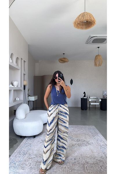 Buket Teke Beige Blue Patterned Wide Leg Trousers