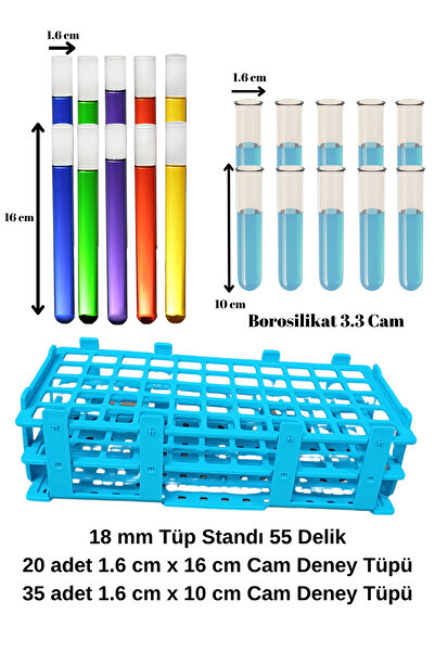 Mr. Crowley Tüp Standı 18mm 55 Delikli + Cam Deney Tüpü 1.6 x 16 cm 20 adet + Cam Test Tüpü 1.6 x 10 cm 35 Adet