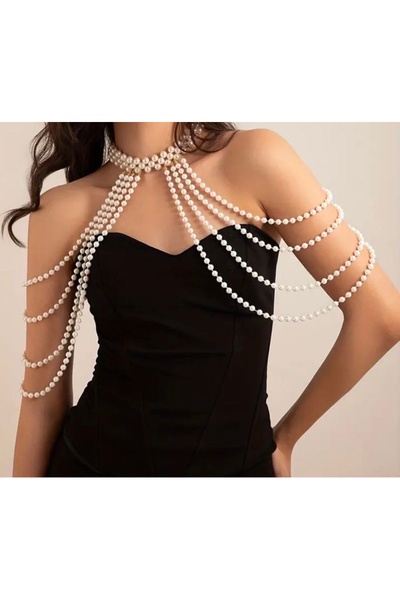 Chic Charms İnci Boncuk Krem Omuz Vücut Zinciri Kolye Abiye Uyumlu