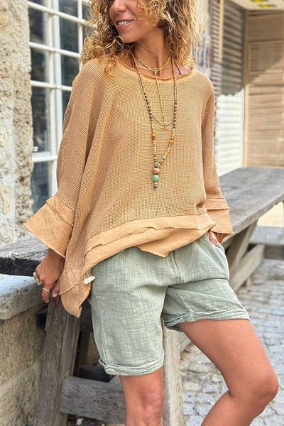 Güneşkızı Italian Bronze Boat Neck 3/4 Sleeve Lined Dirty Stitching Mesh Loose Woven Blouse 65 75