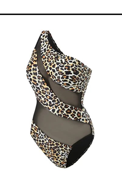 Enanice TEK OMUZ LEOPAR DESENLİ MAYO