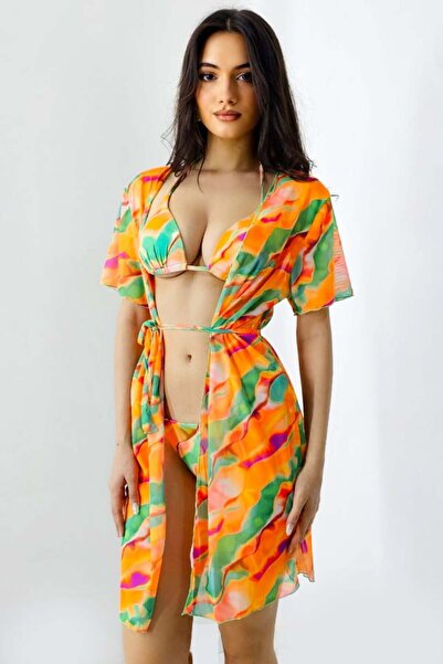 FashionForYou Kerya three-piece beach set, drawstring cardigan and swimsuit, Wave Orange