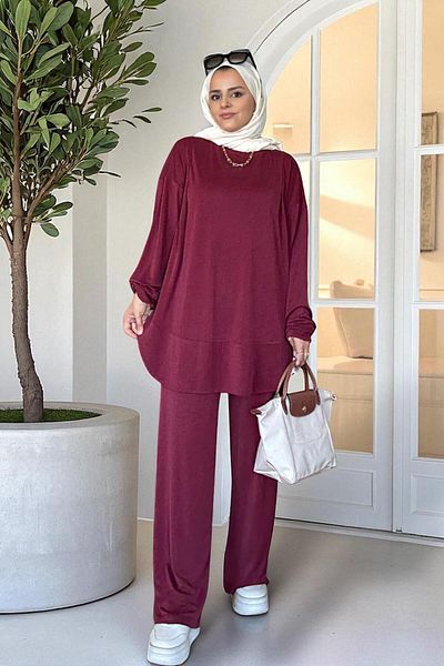 Aselim Hijap Moda Serinsoft Summer Double Suit - Pocket Pants & Flowy Tunic 36-48 Size Burgundy