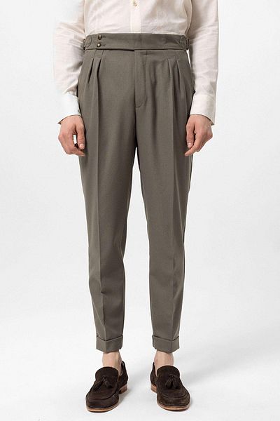 Antioch Khaki High Waist Side Buckle Pleated Fabric Trousers