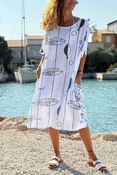 Güneşkızı Italian White Boat Neck Fish Pattern Linen Loose Woven Dress with Pockets 115 70