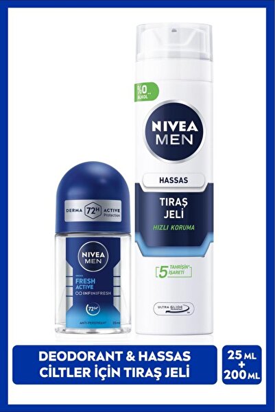 NIVEA MEN Erkek Hassas Ciltler İçin Koruyucu Tıraş Jeli 200ml ve Mini Roll-on Deodorant Fresh Active 25ml