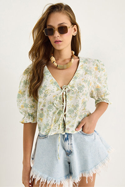 Bianco Lucci Kadın Çiçek Desenli Bağlama Detaylı Kolları Lastikli Müslin Bluz 1029 60283405