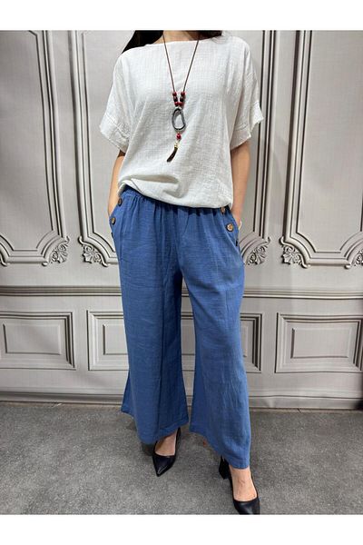 AGORATEKSTİL Women's Side Button Cotton Double Pocket Oversize Trousers