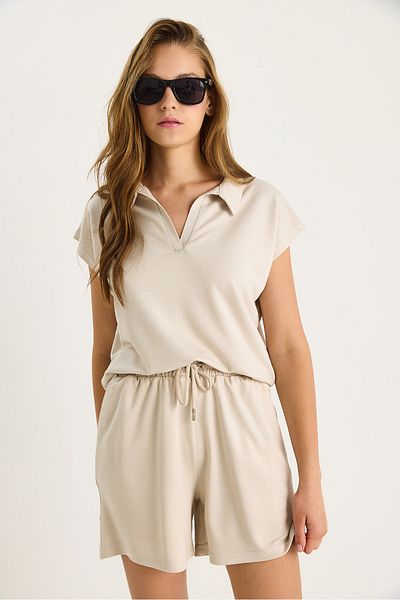 Bianco Lucci Women's Polo Neck Top with Short Shorts Modal Basic Bottom-Top Set 1325 60283470