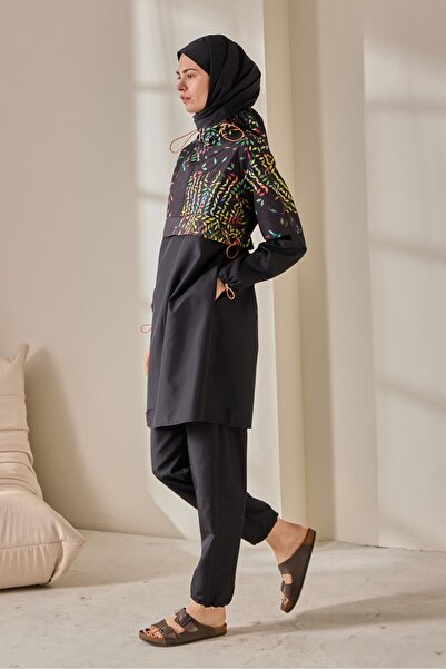 QANU Short Zippered Patterned Swimsuit Tunic Black