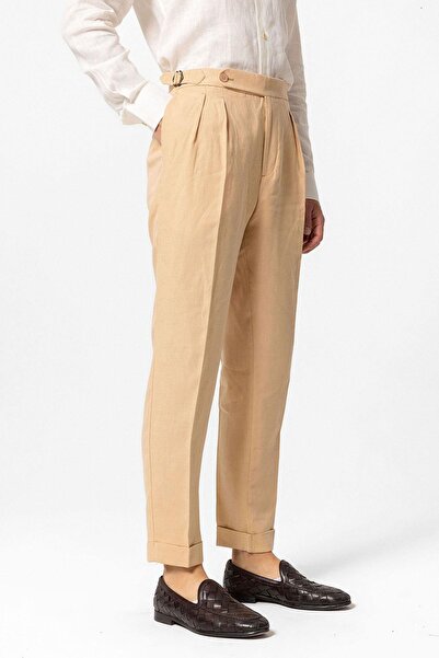 Antioch Camel Yüksek Bel %100 Keten Pileli Erkek Pantolon