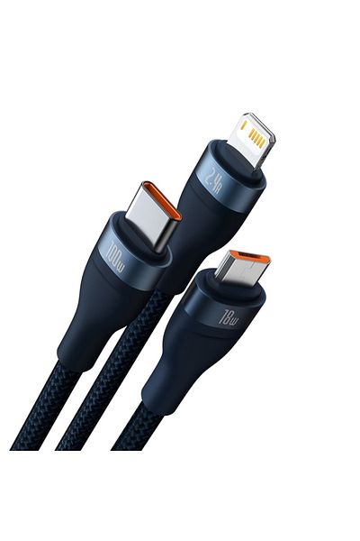 Baseus 3in1 USB to Type-C, Lightning, Micro-USB Charging / Data Cable, 100W, 1.2m, Flash Series 2, Blue