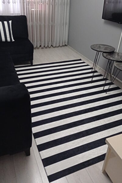 CENTER AVM Beyaz Siyah Halı Oturma Odası Halısı Makinede Yıkanabilir Kaymaz T...