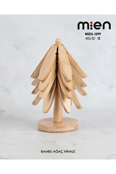 MİEN Wooden Tree Tray - Bamboo Tray - Practical Folding Tray - Bamboo Coaster - 4-Piece Stand