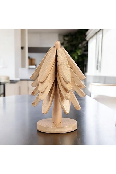 MİEN Wooden Tree Tray - Bamboo Tray - Practical Folding Tray - Bamboo Coaster - 4-Piece Stand