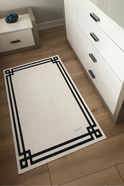 CENTER AVM Beyaz Siyah Halı Yatak Odası Halısı Makinede Yıkanabilir Kaymaz Ta...