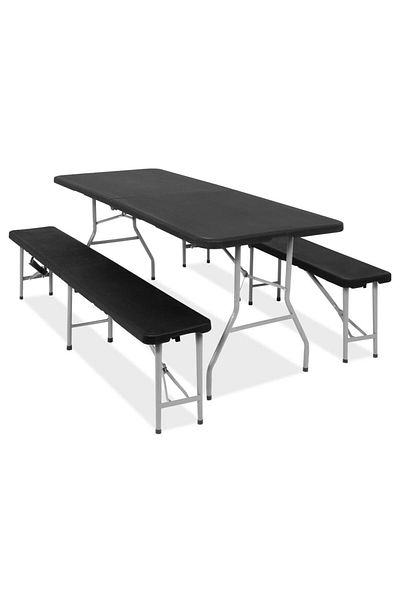 SERSIMO Set Masa Pliabila Cu 2 Banci, 180 Cm, Negru, Hdpe Si Cadru Metalic Anticoroziv