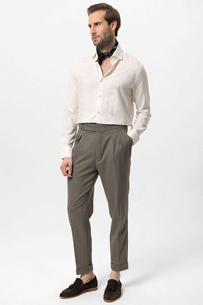 Antioch Khaki High Waist Side Buckle Pleated Fabric Trousers
