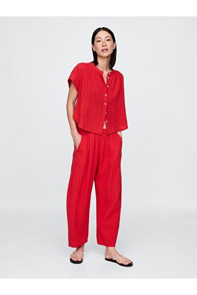 GAP Kadın Kırmızı Crinkle Gauze Easy Barrel Pantolon