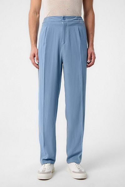 Antioch Light Blue High Waist Pleated Linen Blend Men's Trousers