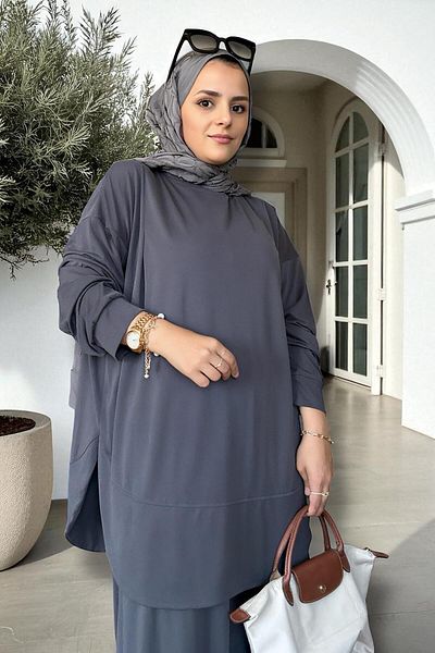 Aselim Hijap Moda Serinsoft Summer Double Suit - Pocket Pants & Flowy Tunic 36-48 Size Gray