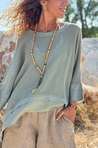 Güneşkızı Italian Khaki Boat Neck 3/4 Sleeve Lined Dirty Stitching Mesh Loose Woven Blouse 65 75